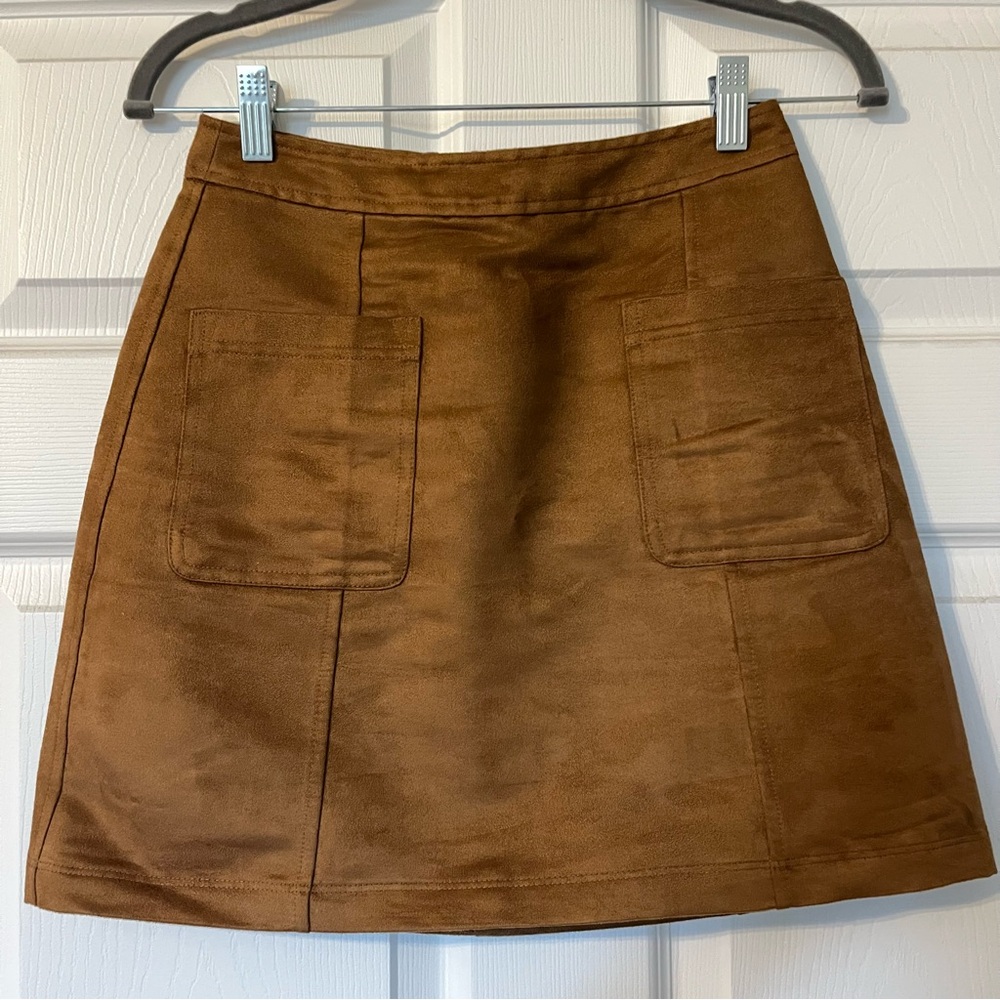 Brown Suede A-Line High waisted Skirt with Pockets
